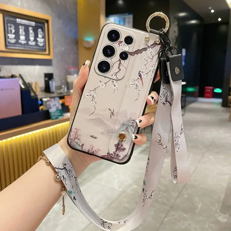 Ypm5 Wrist Strap Lanyard Case for Samsung S25 S24 S23 S22 Plus Ultra S21 S20 FE Flower Phone Holder Stand Soft TPU Cover