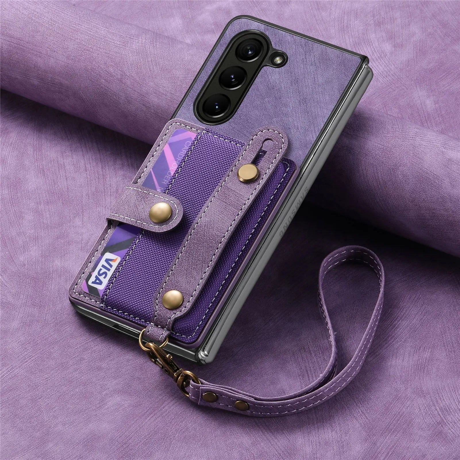 PU Leather Phone Case for Samsung Galaxy Z Fold 7 6 5 4 3 zfold7 zfold6 Card Storage Wallet Protective Cover with Lanyard XL003