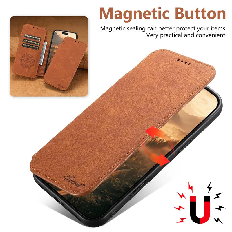 Retro Leather Wallet Flip Strong Magnetic Cover For iphone 12 13 14 15 16 17 Pro Max Air Multi Card Slots Phone Holder Case