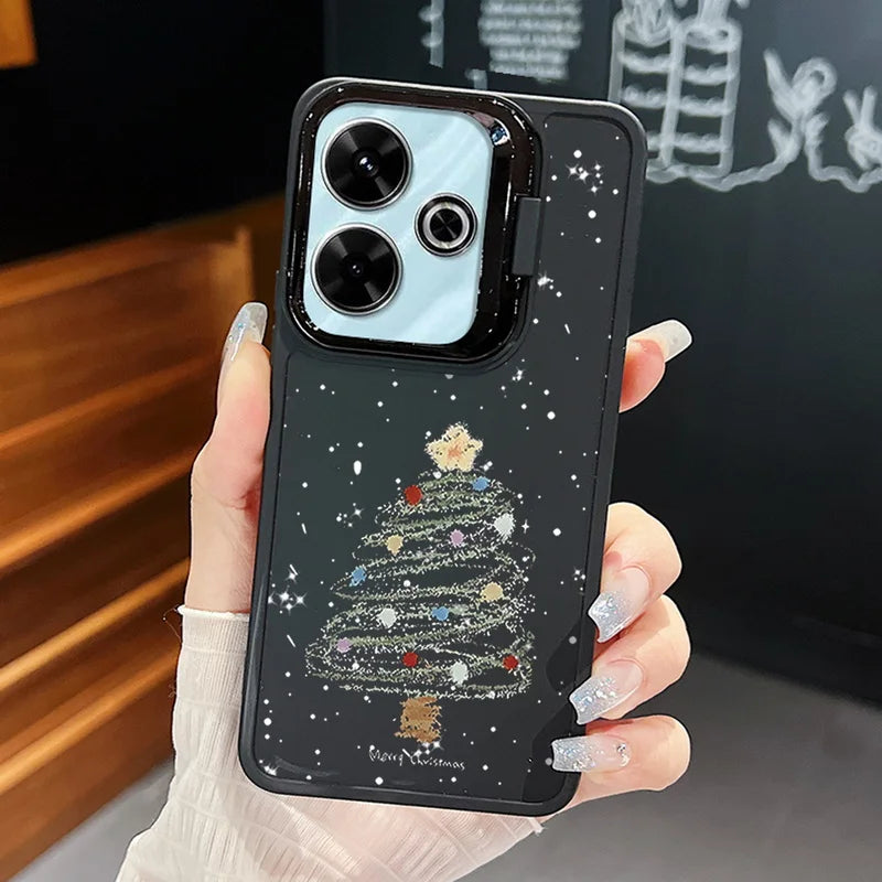 Cartoon Christmas Pattern Lens Frame Holder Case For Xiaomi Redmi Note 13 12 11 Pro 5G 13C 4G Kickstand Soft TPU Phone Cover