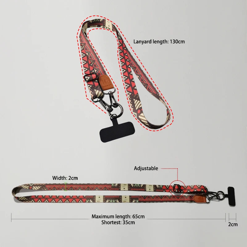 Vintage Boho Style Cell Phone Lanyard Adjustable Mobile Neck Strap Rope with Universal Card Gasket for All Phone Cases Accessory