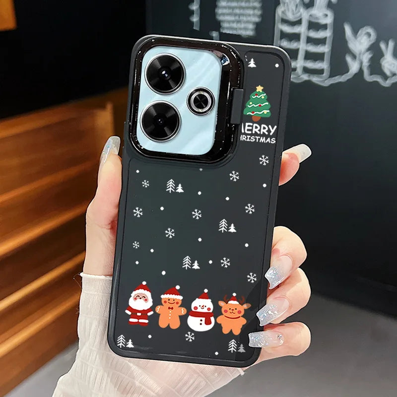 Cartoon Christmas Pattern Lens Frame Holder Case For Xiaomi Redmi Note 13 12 11 Pro 5G 13C 4G Kickstand Soft TPU Phone Cover