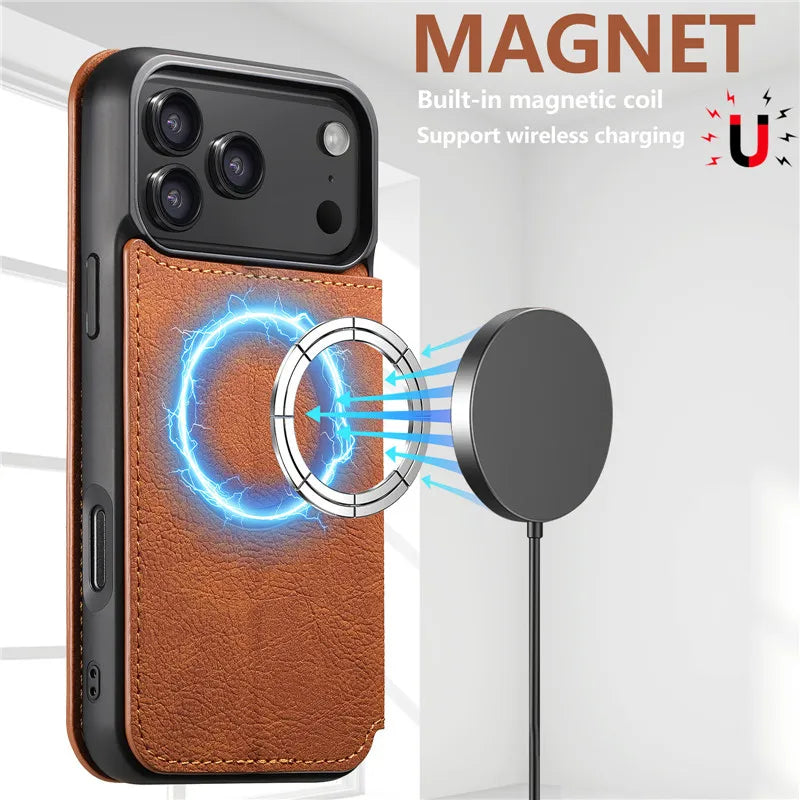 Retro Leather Wallet Flip Strong Magnetic Cover For iphone 12 13 14 15 16 17 Pro Max Air Multi Card Slots Phone Holder Case