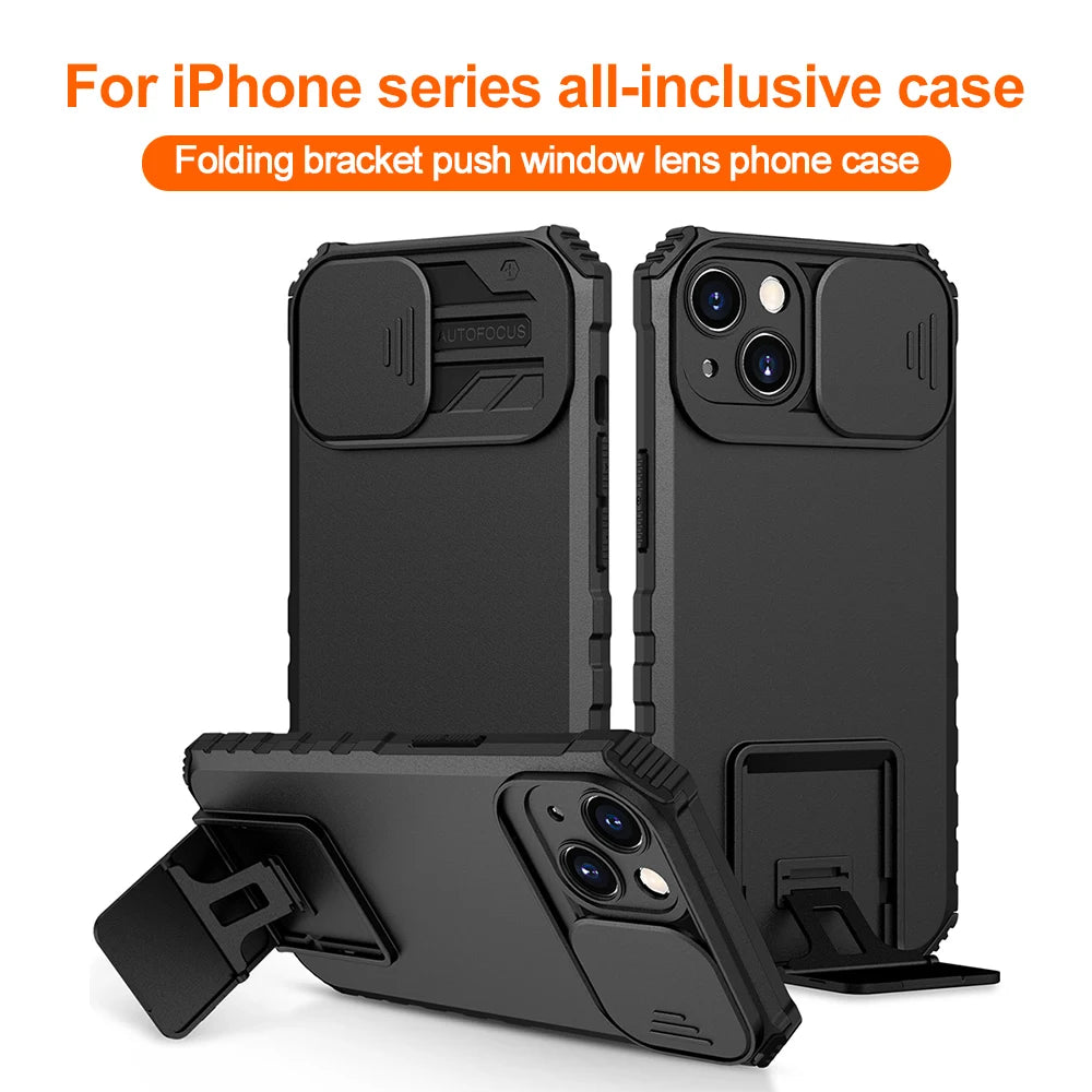 Holder Shockproof Armor Slide Camera Lens Phone Case for iPhone 17 Pro Max 16 15 11 13 14 12 Bumper Stand Cover