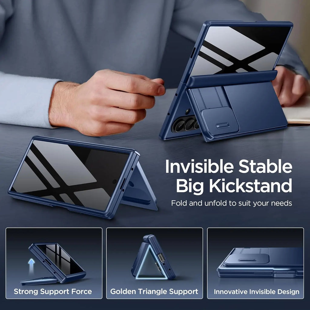 Foldable Phone Case with Privacy Screen, Card Holder & Stand for Samsung Z Fold 7 2025, Blue