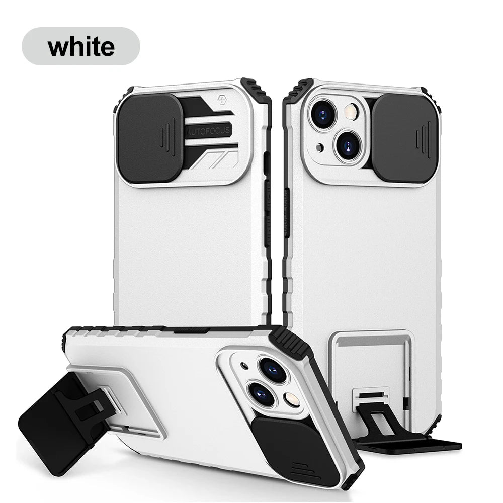 Holder Shockproof Armor Slide Camera Lens Phone Case for iPhone 17 Pro Max 16 15 11 13 14 12 Bumper Stand Cover
