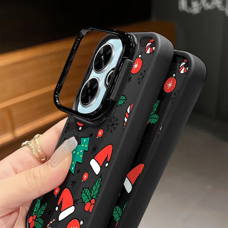 Cartoon Christmas Pattern Lens Frame Holder Case For Xiaomi Redmi Note 13 12 11 Pro 5G 13C 4G Kickstand Soft TPU Phone Cover