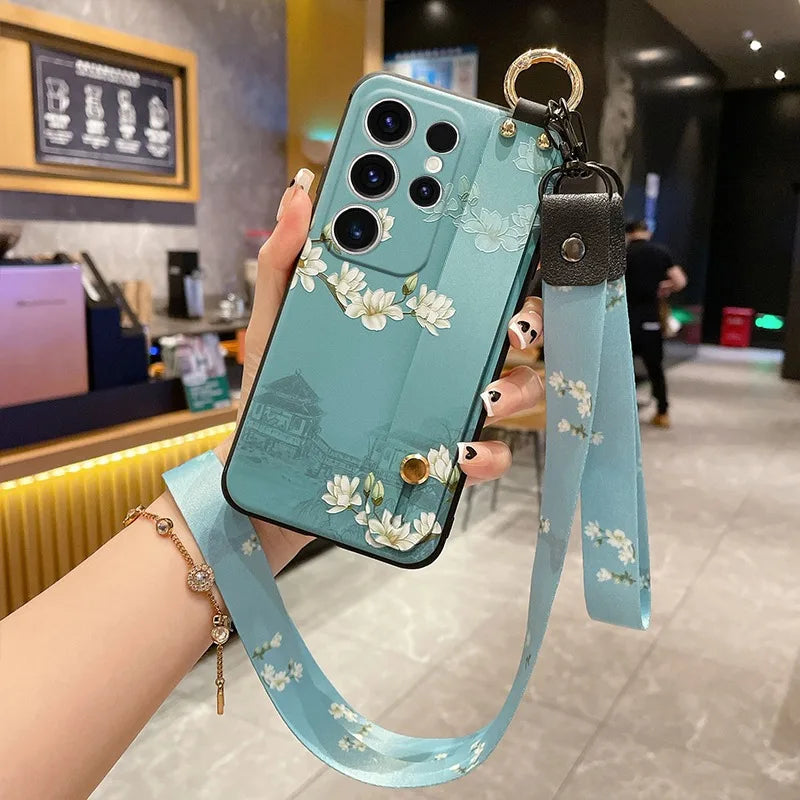 Ypm5 Wrist Strap Lanyard Case for Samsung S25 S24 S23 S22 Plus Ultra S21 S20 FE Flower Phone Holder Stand Soft TPU Cover