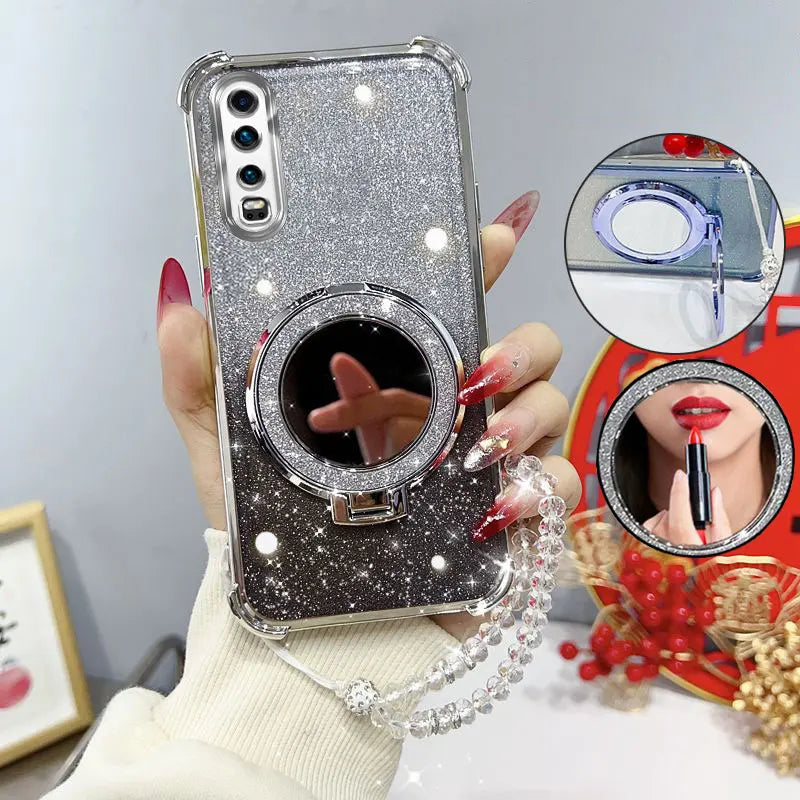 Glitter Four-Corner Shockproof Phone Case with Mirror Stand Beaded Strap For Huawei P30 P 30 Back Cover Case