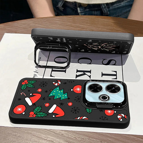 Cartoon Christmas Pattern Lens Frame Holder Case For Xiaomi Redmi Note 13 12 11 Pro 5G 13C 4G Kickstand Soft TPU Phone Cover