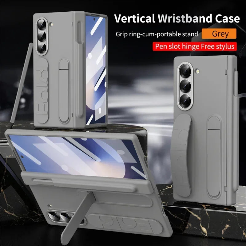 Luxury Wrist Band Holder Hinge Phone Case for Samsung Galaxy Z Fold 7 6 5 4 3 with Pen Slot & S Pen Screen Protector Film Cover