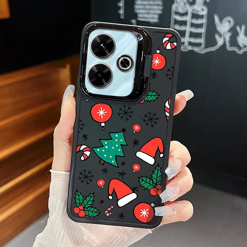 Cartoon Christmas Pattern Lens Frame Holder Case For Xiaomi Redmi Note 13 12 11 Pro 5G 13C 4G Kickstand Soft TPU Phone Cover