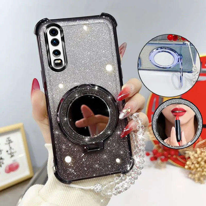 Glitter Four-Corner Shockproof Phone Case with Mirror Stand Beaded Strap For Huawei P30 P 30 Back Cover Case