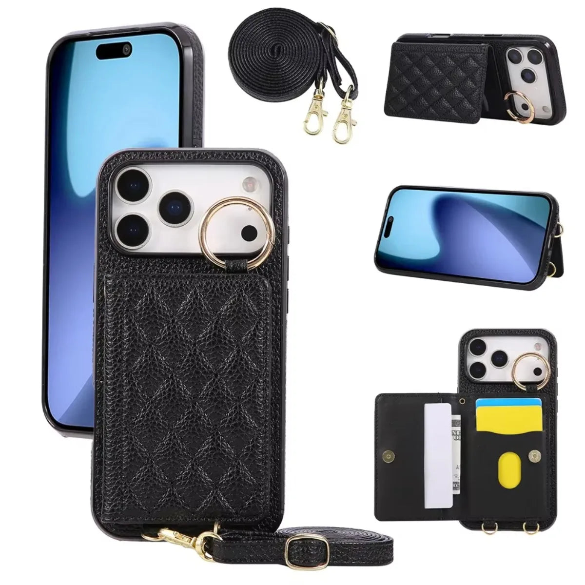 PU Leather Wallet Crossbody Zipper Card Slot Ring Holder Phone Case for iPhone 17 Air 16 Pro Max 15 Plus 14 13 12 11 X XS XR