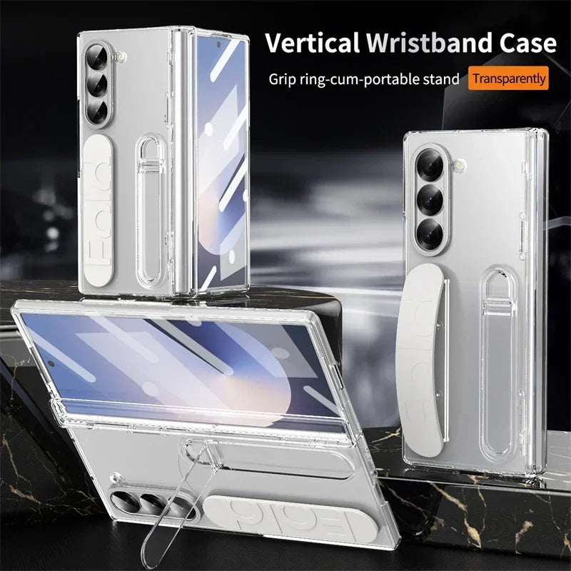 Luxury Wrist Band Holder Hinge Phone Case for Samsung Galaxy Z Fold 7 6 5 4 3 with Pen Slot & S Pen Screen Protector Film Cover