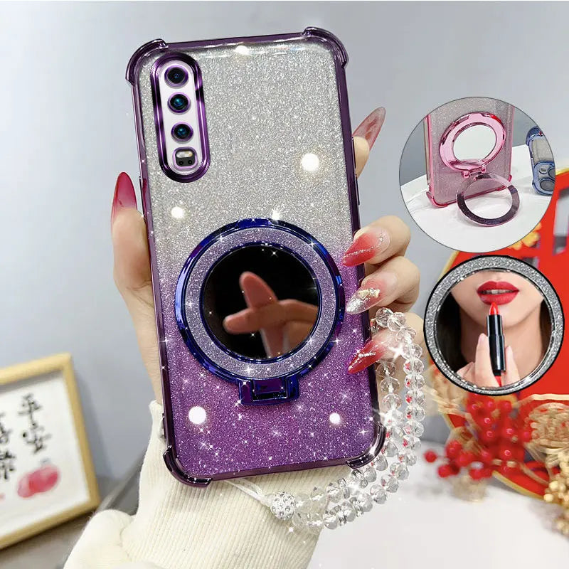 Glitter Four-Corner Shockproof Phone Case with Mirror Stand Beaded Strap For Huawei P30 P 30 Back Cover Case