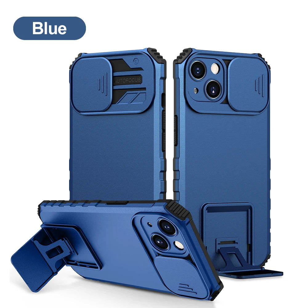 Holder Shockproof Armor Slide Camera Lens Phone Case for iPhone 17 Pro Max 16 15 11 13 14 12 Bumper Stand Cover