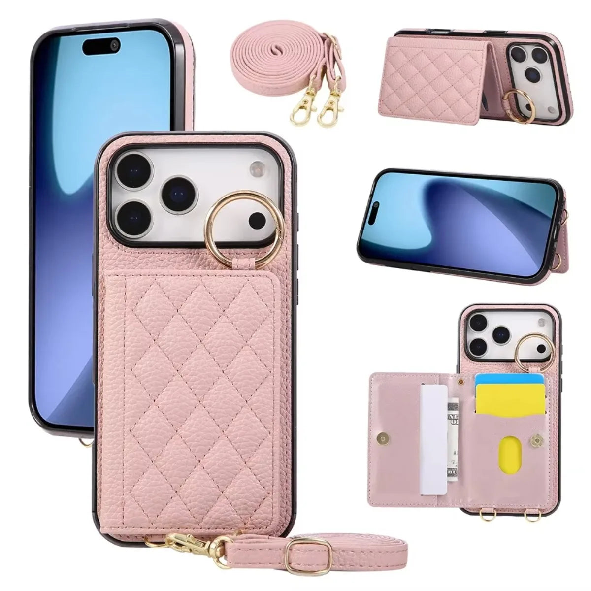 PU Leather Wallet Crossbody Zipper Card Slot Ring Holder Phone Case for iPhone 17 Air 16 Pro Max 15 Plus 14 13 12 11 X XS XR