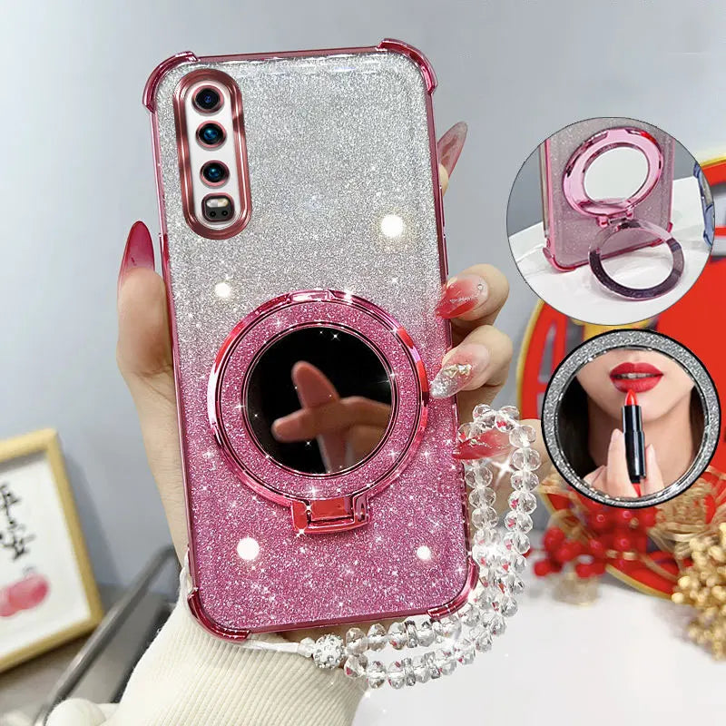 Glitter Four-Corner Shockproof Phone Case with Mirror Stand Beaded Strap For Huawei P30 P 30 Back Cover Case