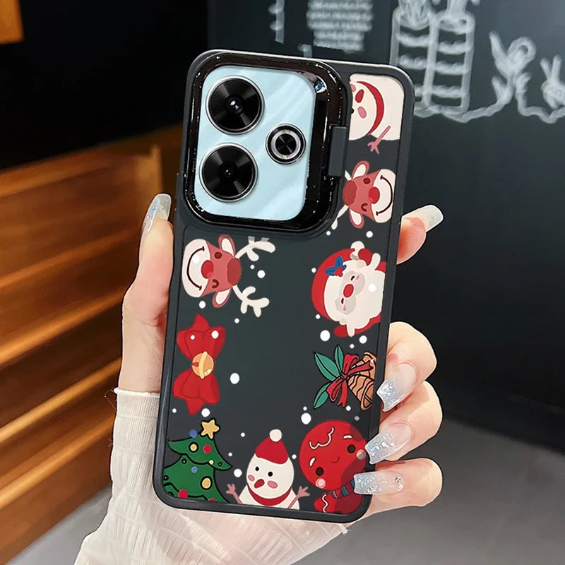 Cartoon Christmas Pattern Lens Frame Holder Case For Xiaomi Redmi Note 13 12 11 Pro 5G 13C 4G Kickstand Soft TPU Phone Cover