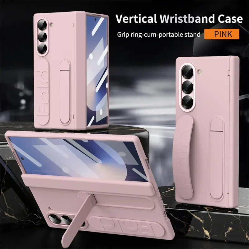 Luxury Wrist Band Holder Hinge Phone Case for Samsung Galaxy Z Fold 7 6 5 4 3 with Pen Slot & S Pen Screen Protector Film Cover