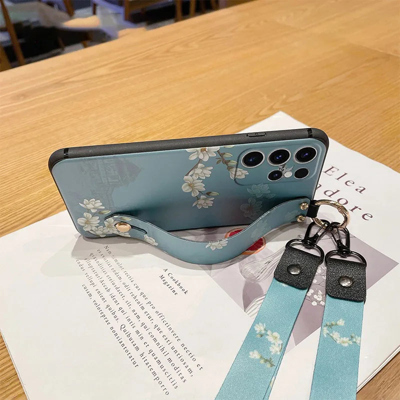 Ypm5 Wrist Strap Lanyard Case for Samsung S25 S24 S23 S22 Plus Ultra S21 S20 FE Flower Phone Holder Stand Soft TPU Cover