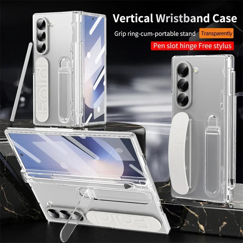 Luxury Wrist Band Holder Hinge Phone Case for Samsung Galaxy Z Fold 7 6 5 4 3 with Pen Slot & S Pen Screen Protector Film Cover