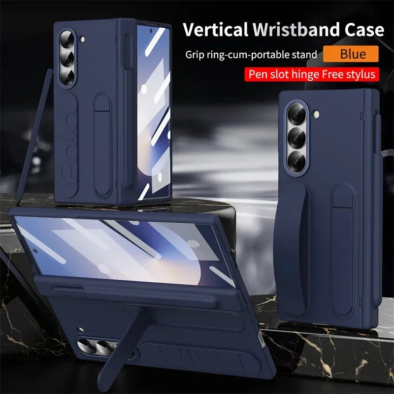 Luxury Wrist Band Holder Hinge Phone Case for Samsung Galaxy Z Fold 7 6 5 4 3 with Pen Slot & S Pen Screen Protector Film Cover