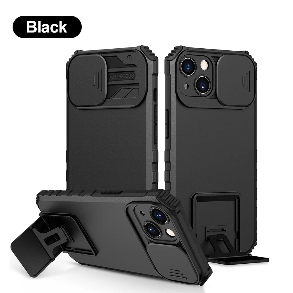 Holder Shockproof Armor Slide Camera Lens Phone Case for iPhone 17 Pro Max 16 15 11 13 14 12 Bumper Stand Cover