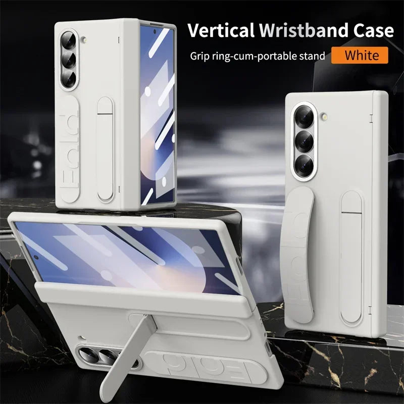 Luxury Wrist Band Holder Hinge Phone Case for Samsung Galaxy Z Fold 7 6 5 4 3 with Pen Slot & S Pen Screen Protector Film Cover