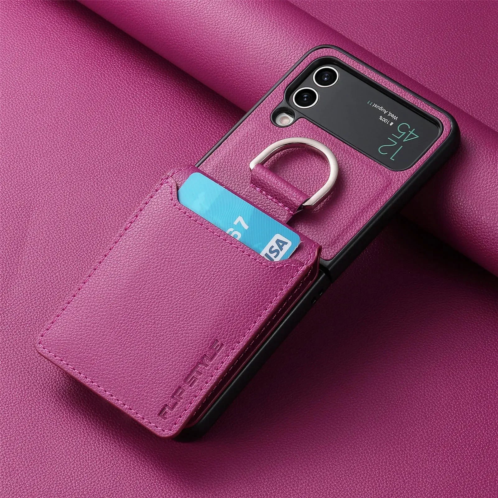 multifunction Card Slot Lychee leather Phone Case for Samsung Z Flip 6 5 4 3 7 5G Ring Holder Shockproof Back Cover for Z Flip6