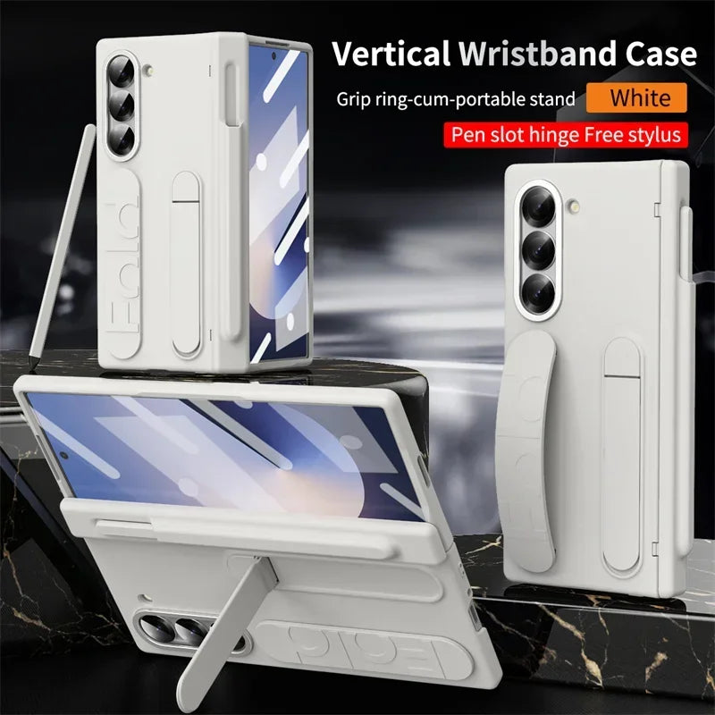 Luxury Wrist Band Holder Hinge Phone Case for Samsung Galaxy Z Fold 7 6 5 4 3 with Pen Slot & S Pen Screen Protector Film Cover