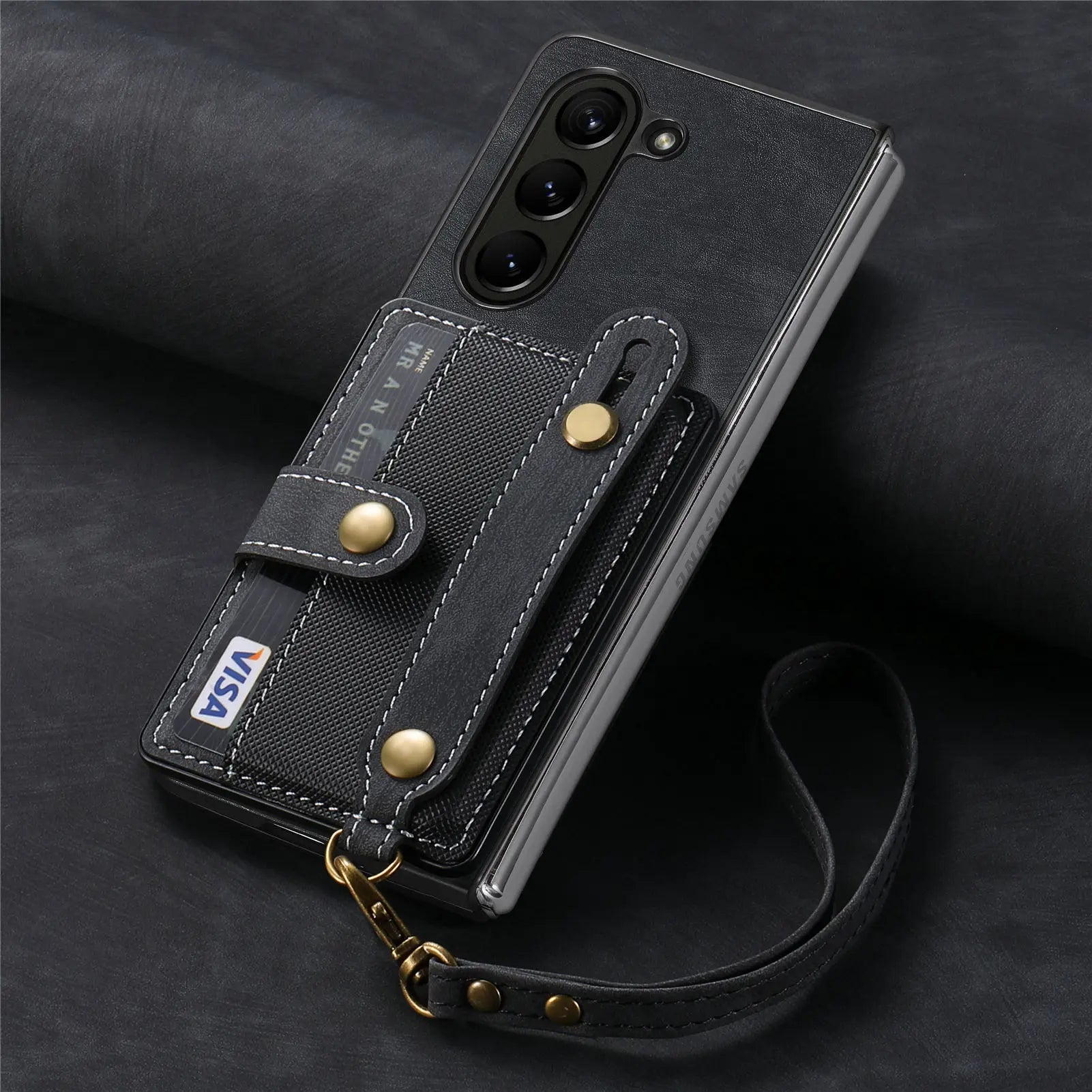 PU Leather Phone Case for Samsung Galaxy Z Fold 7 6 5 4 3 zfold7 zfold6 Card Storage Wallet Protective Cover with Lanyard XL003