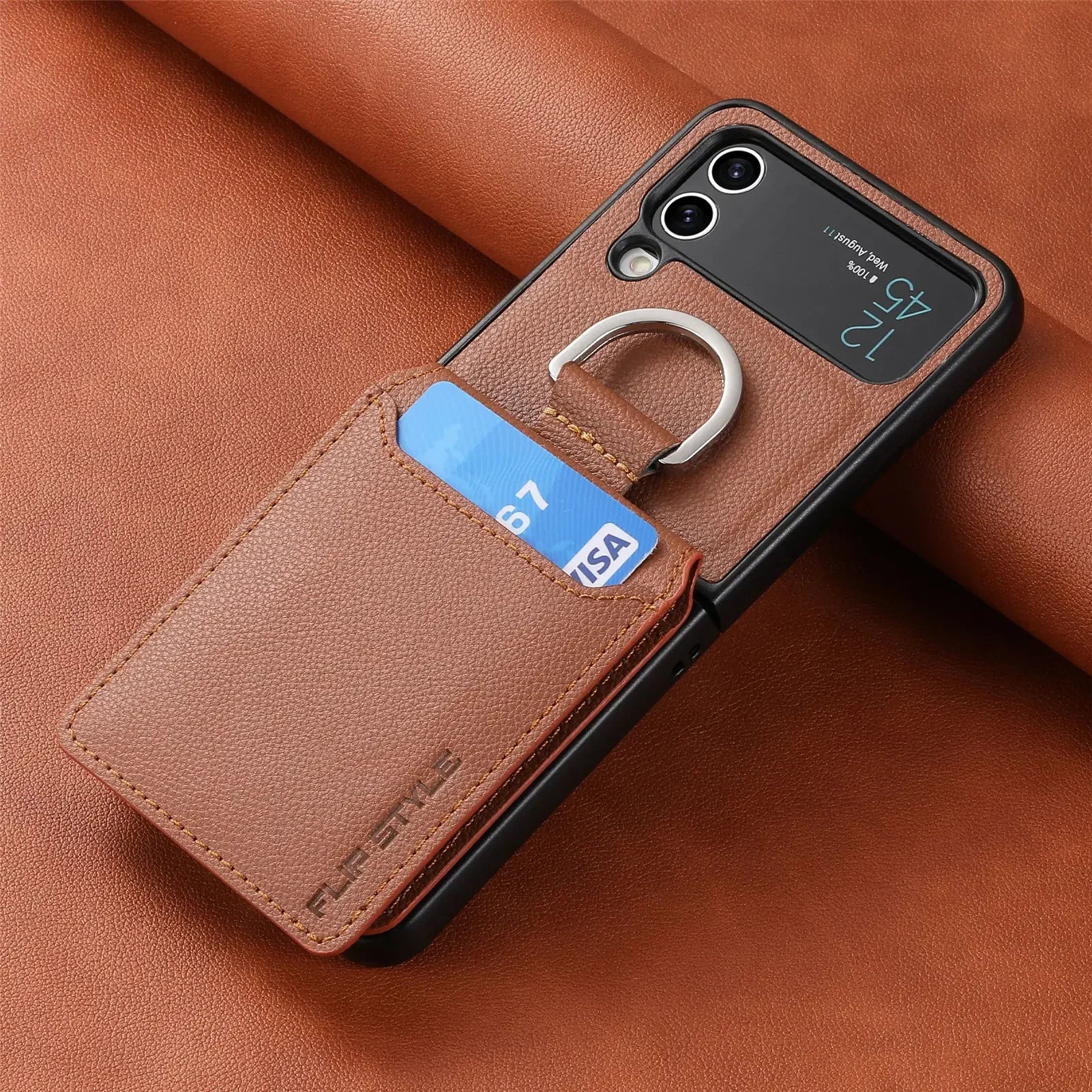 multifunction Card Slot Lychee leather Phone Case for Samsung Z Flip 6 5 4 3 7 5G Ring Holder Shockproof Back Cover for Z Flip6