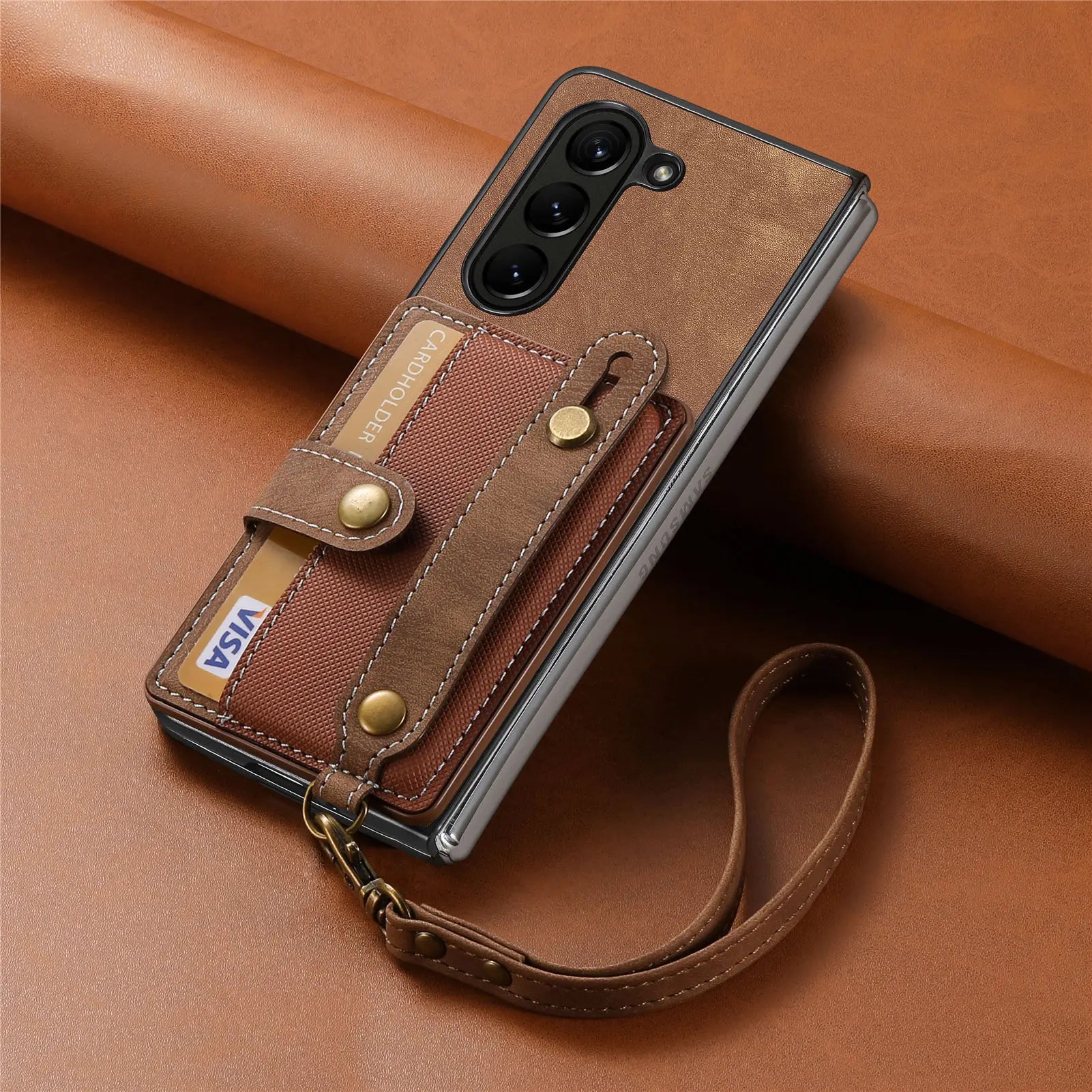 PU Leather Phone Case for Samsung Galaxy Z Fold 7 6 5 4 3 zfold7 zfold6 Card Storage Wallet Protective Cover with Lanyard XL003