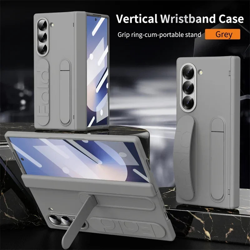 Luxury Wrist Band Holder Hinge Phone Case for Samsung Galaxy Z Fold 7 6 5 4 3 with Pen Slot & S Pen Screen Protector Film Cover
