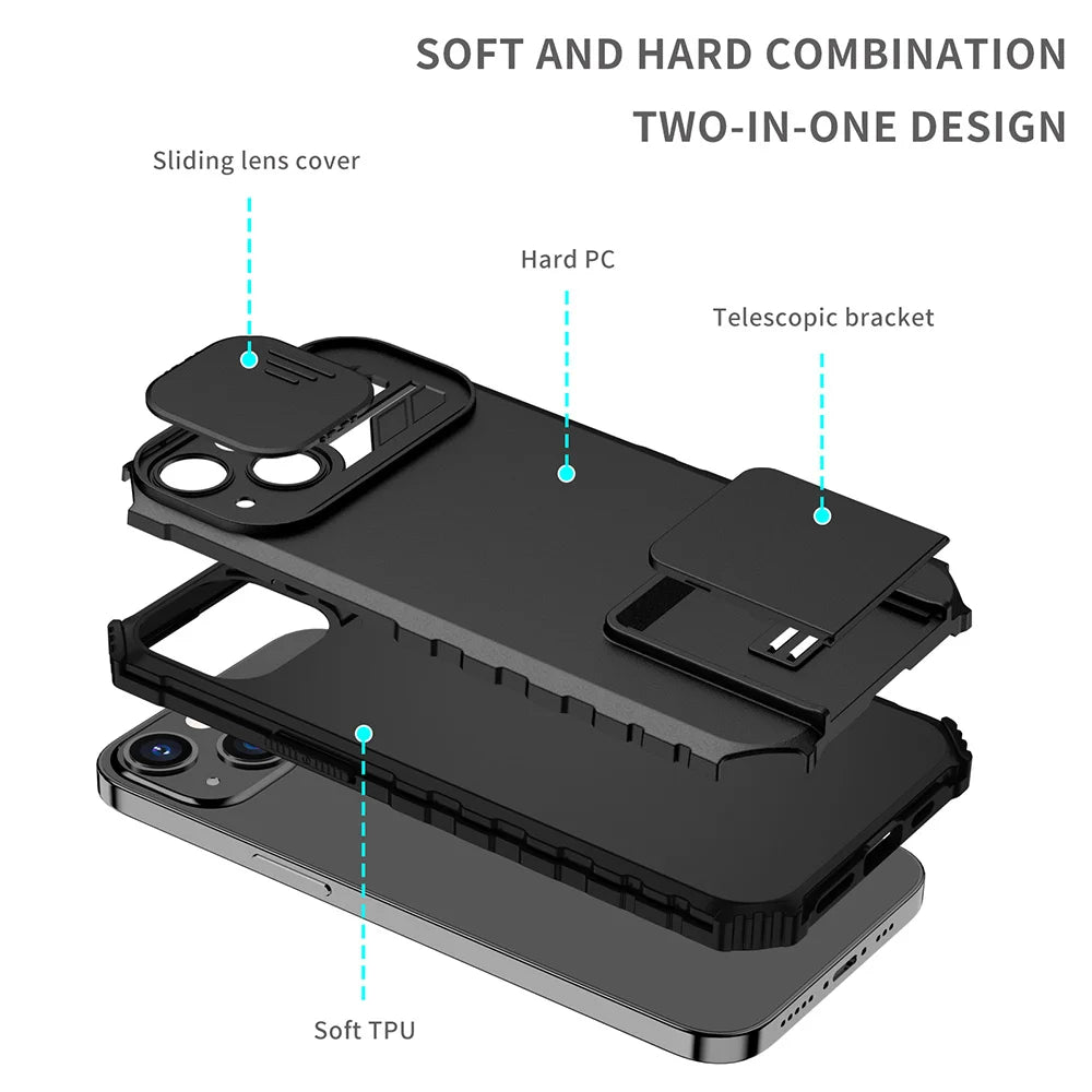 Holder Shockproof Armor Slide Camera Lens Phone Case for iPhone 17 Pro Max 16 15 11 13 14 12 Bumper Stand Cover