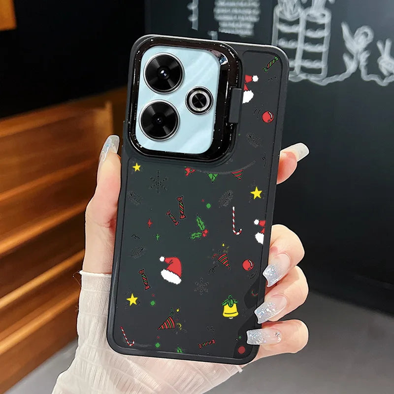 Cartoon Christmas Pattern Lens Frame Holder Case For Xiaomi Redmi Note 13 12 11 Pro 5G 13C 4G Kickstand Soft TPU Phone Cover