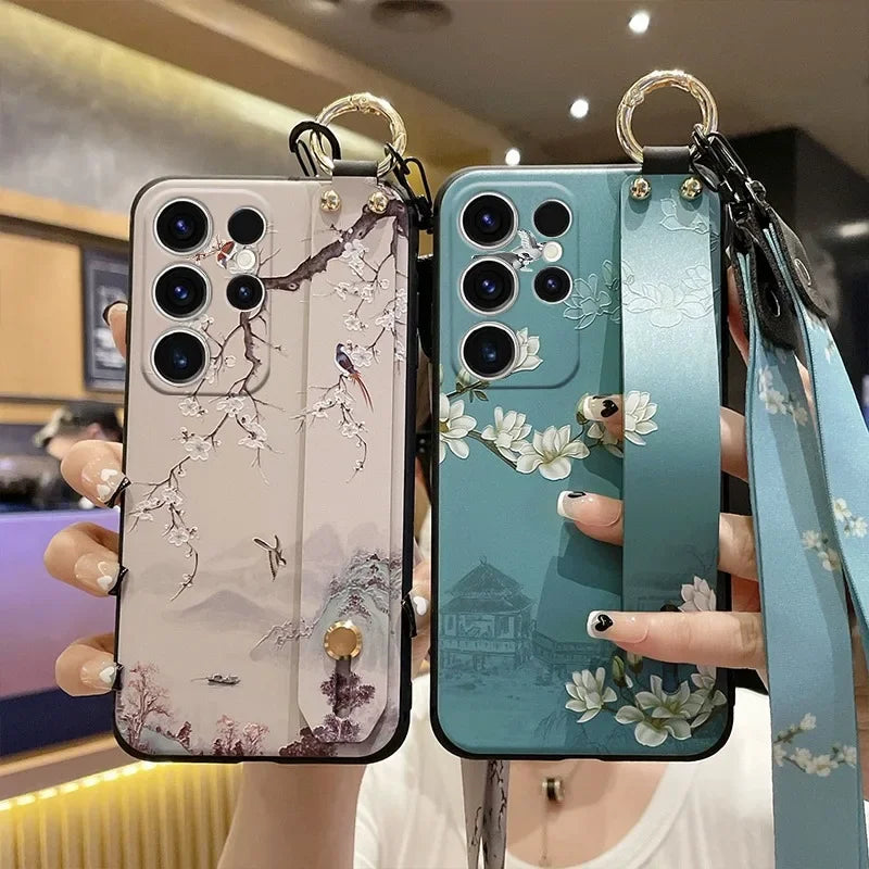 Ypm5 Wrist Strap Lanyard Case for Samsung S25 S24 S23 S22 Plus Ultra S21 S20 FE Flower Phone Holder Stand Soft TPU Cover