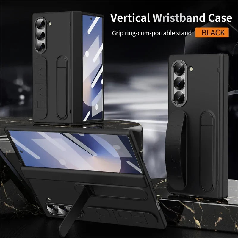 Luxury Wrist Band Holder Hinge Phone Case for Samsung Galaxy Z Fold 7 6 5 4 3 with Pen Slot & S Pen Screen Protector Film Cover