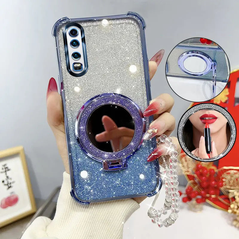 Glitter Four-Corner Shockproof Phone Case with Mirror Stand Beaded Strap For Huawei P30 P 30 Back Cover Case
