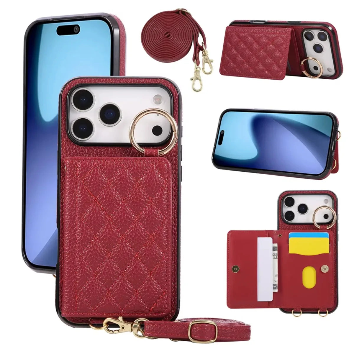 PU Leather Wallet Crossbody Zipper Card Slot Ring Holder Phone Case for iPhone 17 Air 16 Pro Max 15 Plus 14 13 12 11 X XS XR