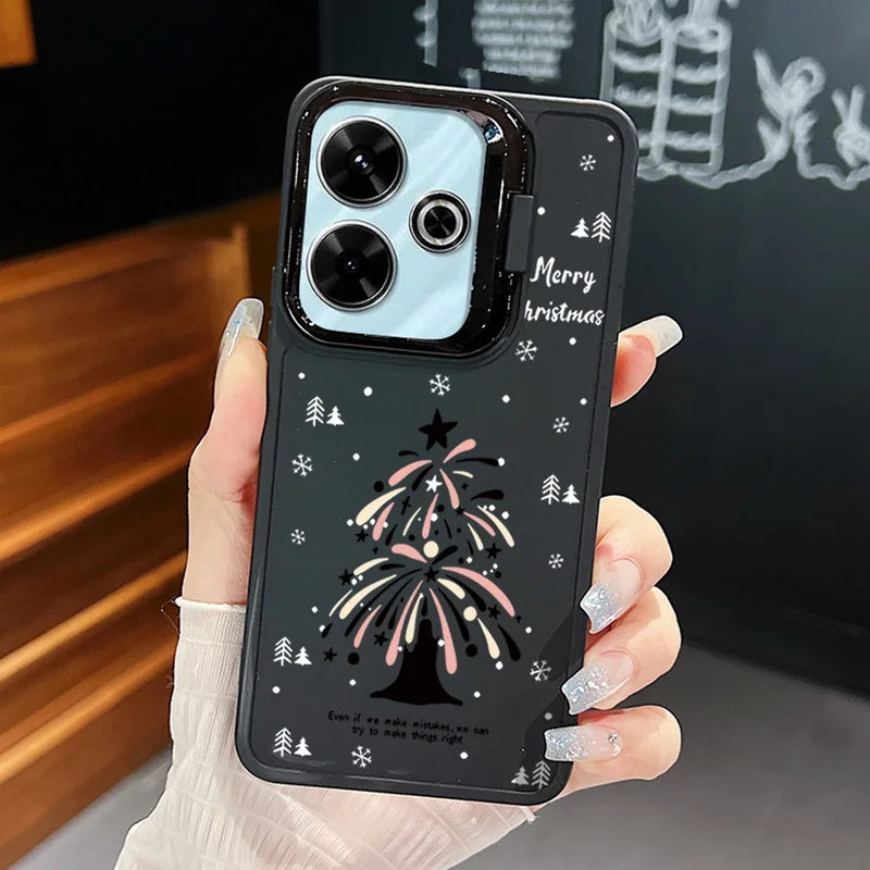 Cartoon Christmas Pattern Lens Frame Holder Case For Xiaomi Redmi Note 13 12 11 Pro 5G 13C 4G Kickstand Soft TPU Phone Cover