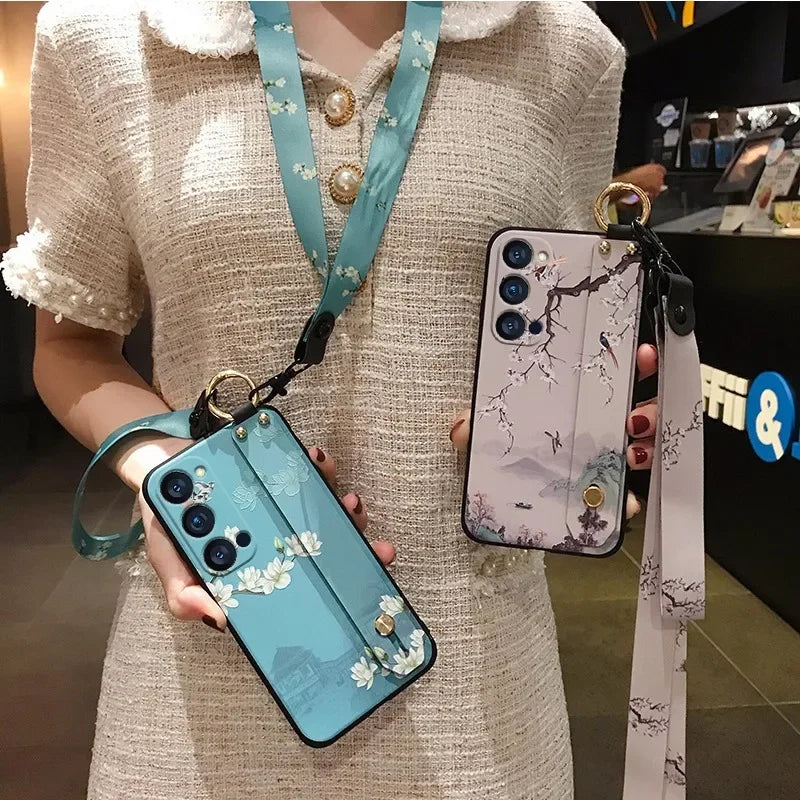 Ypm5 Wrist Strap Lanyard Case for Samsung S25 S24 S23 S22 Plus Ultra S21 S20 FE Flower Phone Holder Stand Soft TPU Cover