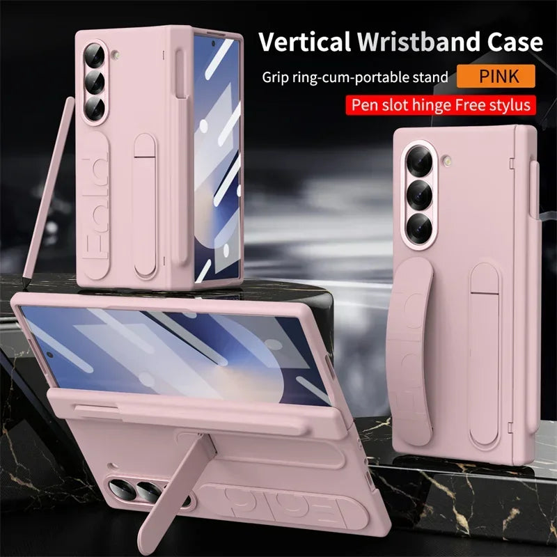 Luxury Wrist Band Holder Hinge Phone Case for Samsung Galaxy Z Fold 7 6 5 4 3 with Pen Slot & S Pen Screen Protector Film Cover