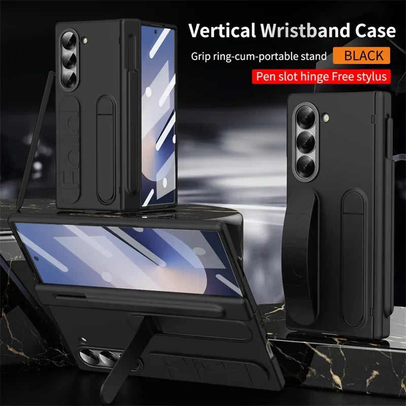 Luxury Wrist Band Holder Hinge Phone Case for Samsung Galaxy Z Fold 7 6 5 4 3 with Pen Slot & S Pen Screen Protector Film Cover