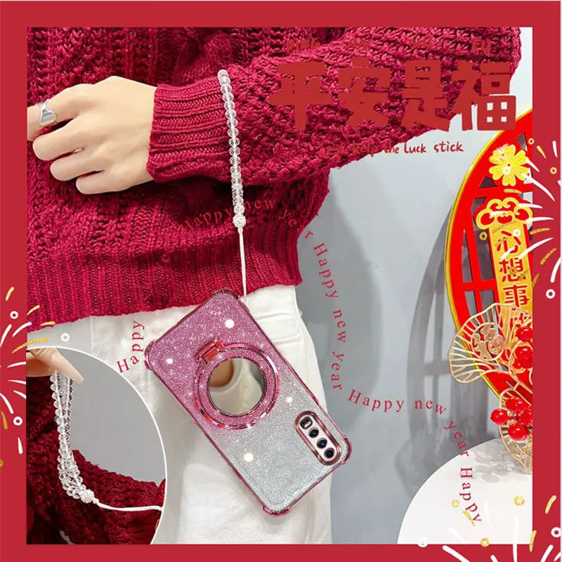 Glitter Four-Corner Shockproof Phone Case with Mirror Stand Beaded Strap For Huawei P30 P 30 Back Cover Case